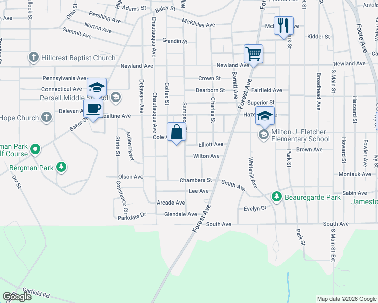 map of restaurants, bars, coffee shops, grocery stores, and more near 55 Elliott Avenue in Jamestown