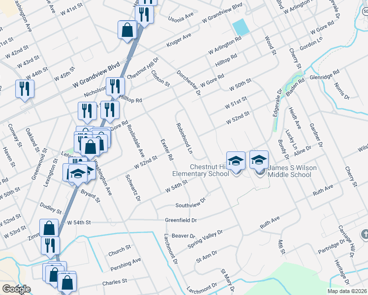 map of restaurants, bars, coffee shops, grocery stores, and more near 5203 Robinhood Lane in Erie