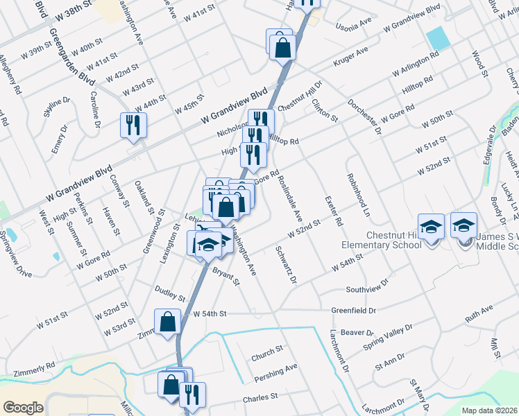 map of restaurants, bars, coffee shops, grocery stores, and more near 5039 Hillsdale Ave in Erie