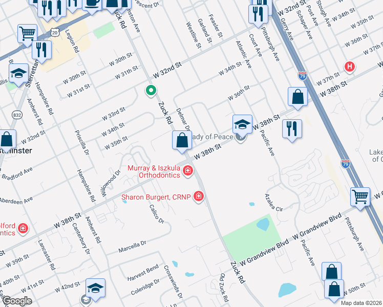 map of restaurants, bars, coffee shops, grocery stores, and more near 2609 W 37th St in Erie