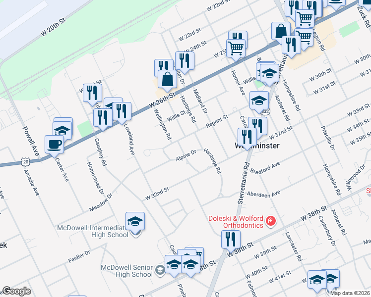 map of restaurants, bars, coffee shops, grocery stores, and more near 2920 Hastings Rd in Erie