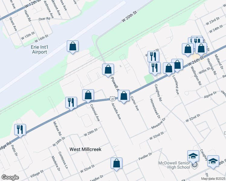 map of restaurants, bars, coffee shops, grocery stores, and more near 2412 Powell Ave in Erie