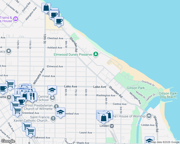 map of restaurants, bars, coffee shops, grocery stores, and more near 1028 Sheridan Road in Wilmette
