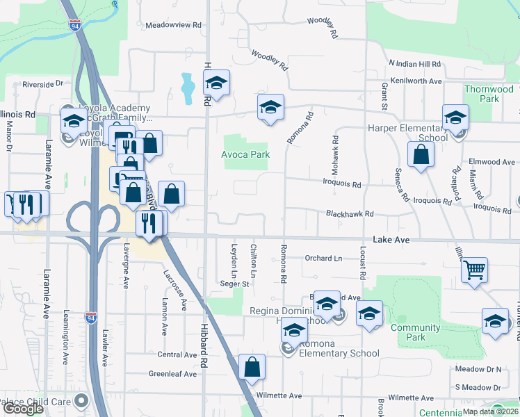 map of restaurants, bars, coffee shops, grocery stores, and more near 3021 Iroquois Road in Wilmette