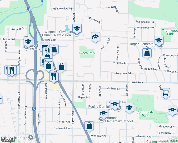 map of restaurants, bars, coffee shops, grocery stores, and more near 3021 Iroquois Road in Wilmette