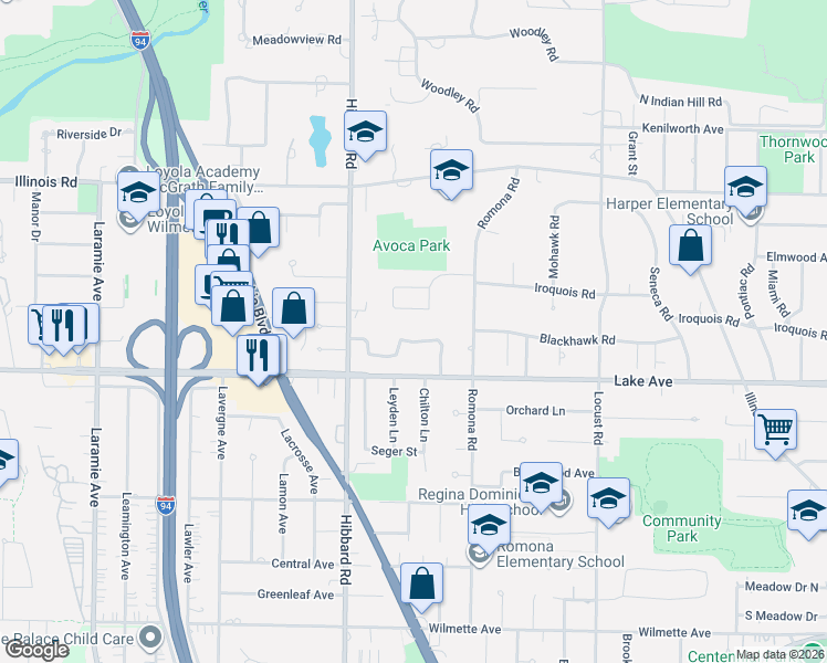 map of restaurants, bars, coffee shops, grocery stores, and more near 3021 Iroquois Road in Wilmette