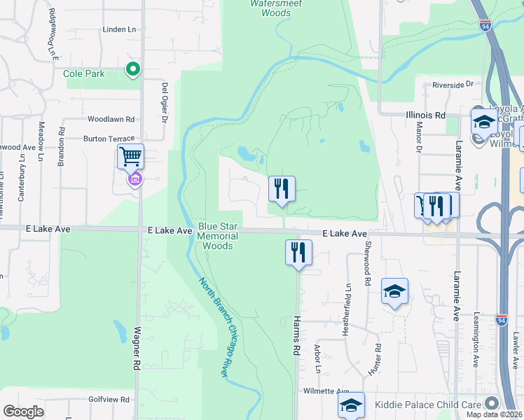 map of restaurants, bars, coffee shops, grocery stores, and more near 4025 Fairway Drive in Wilmette