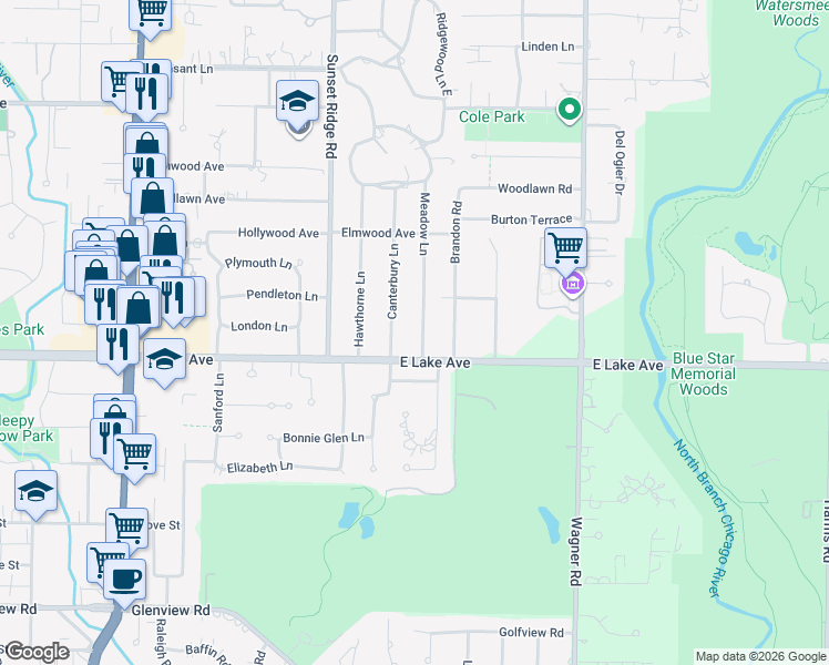 map of restaurants, bars, coffee shops, grocery stores, and more near 1414 Meadow Lane in Glenview