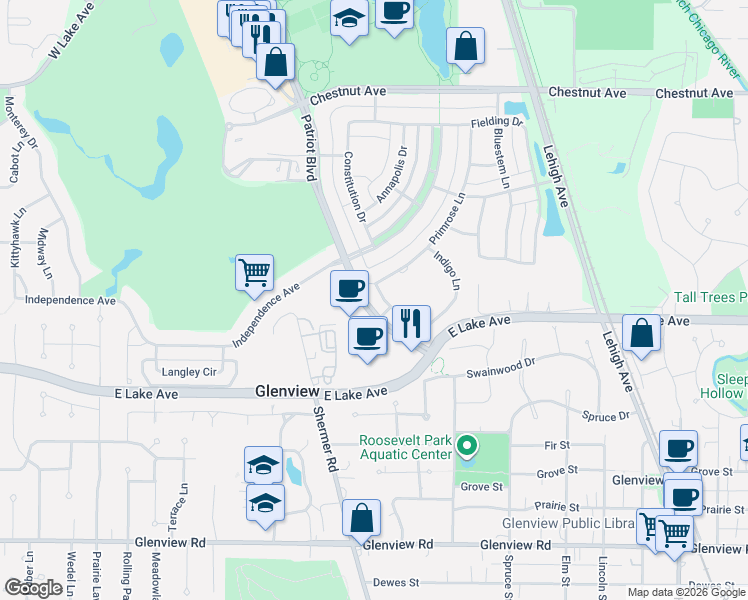 map of restaurants, bars, coffee shops, grocery stores, and more near 2591 Indigo Lane in Glenview
