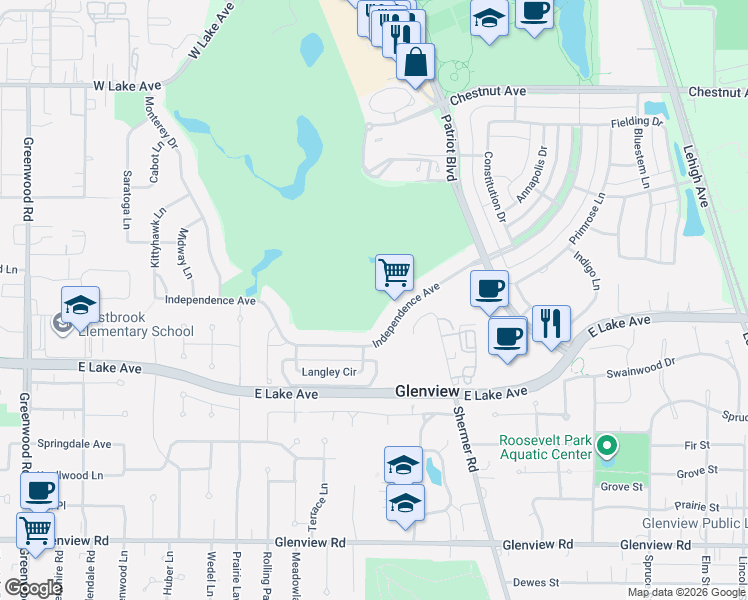 map of restaurants, bars, coffee shops, grocery stores, and more near 2658 Independence Ave in Glenview