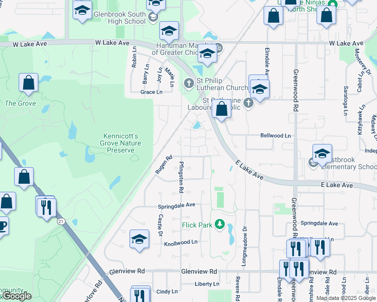 map of restaurants, bars, coffee shops, grocery stores, and more near 1405 Estate Lane in Glenview