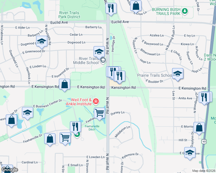 map of restaurants, bars, coffee shops, grocery stores, and more near in Mount Prospect