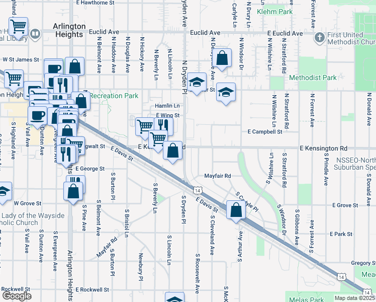 map of restaurants, bars, coffee shops, grocery stores, and more near 15 South Dryden Place in Arlington Heights