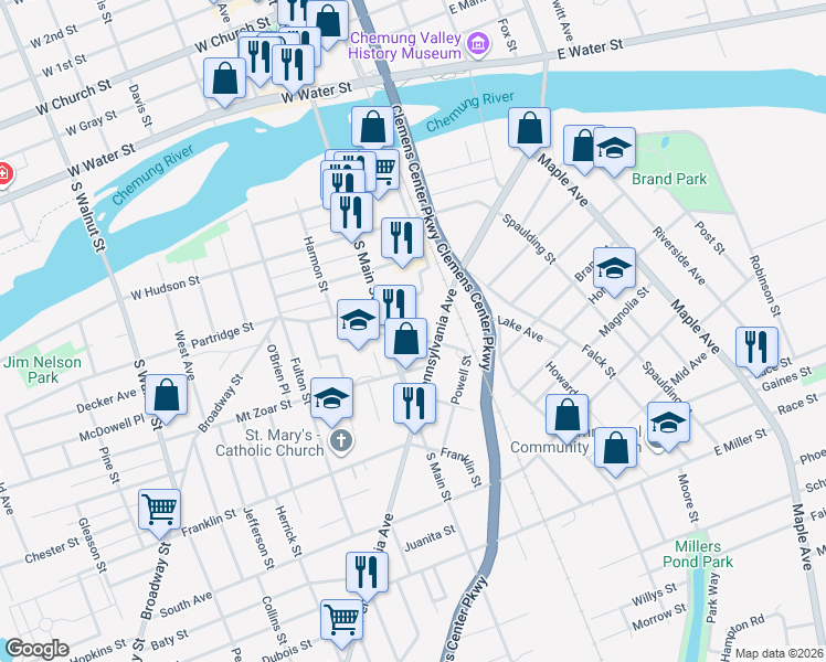 map of restaurants, bars, coffee shops, grocery stores, and more near 160 Boardman Street in Elmira