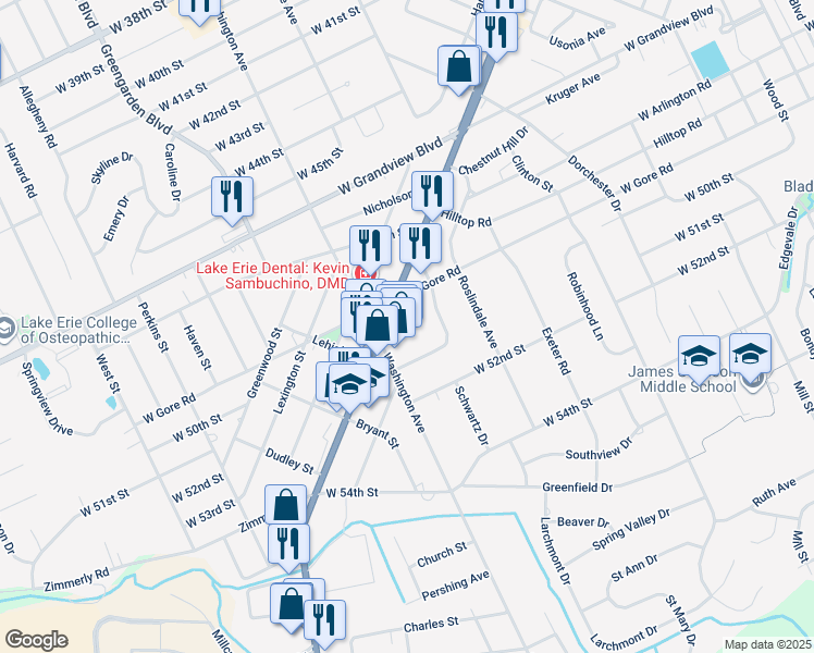 map of restaurants, bars, coffee shops, grocery stores, and more near 5031 Peach Street in Erie