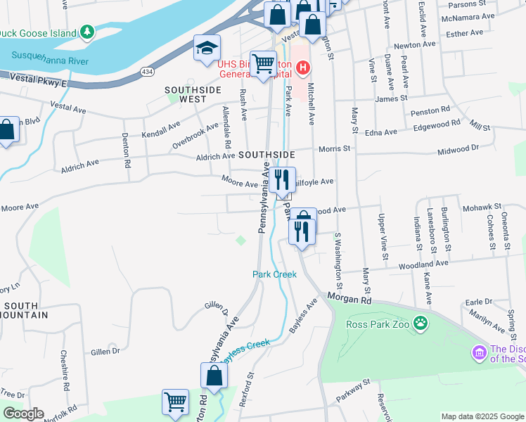 map of restaurants, bars, coffee shops, grocery stores, and more near Pennsylvania Avenue & Hotchkiss Street in Binghamton
