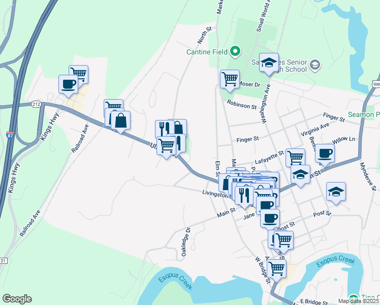 map of restaurants, bars, coffee shops, grocery stores, and more near High Street in Saugerties