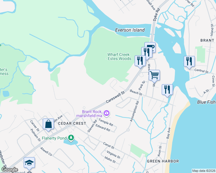 map of restaurants, bars, coffee shops, grocery stores, and more near 49 Calypso Lane in Marshfield