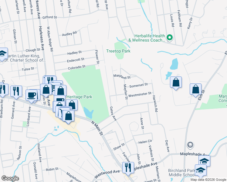 map of restaurants, bars, coffee shops, grocery stores, and more near 131 Gates Avenue in East Longmeadow