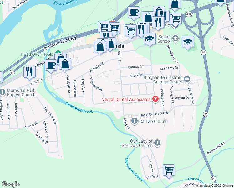 map of restaurants, bars, coffee shops, grocery stores, and more near 116 George St in Vestal