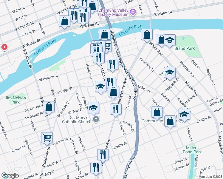 map of restaurants, bars, coffee shops, grocery stores, and more near 160 Boardman Street in Elmira