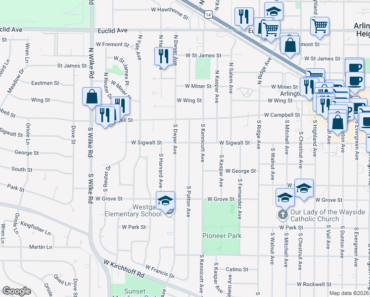 map of restaurants, bars, coffee shops, grocery stores, and more near 1015 West Sigwalt Street in Arlington Heights