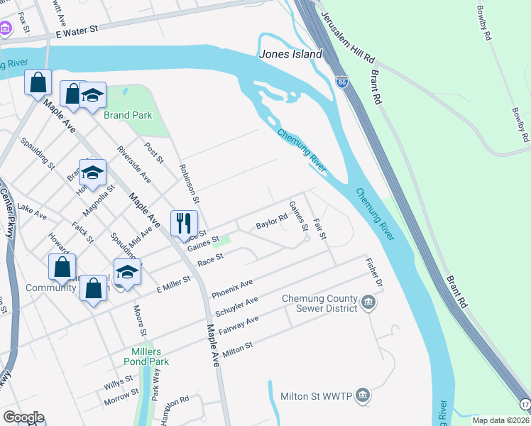 map of restaurants, bars, coffee shops, grocery stores, and more near 535 Luce Street in Elmira