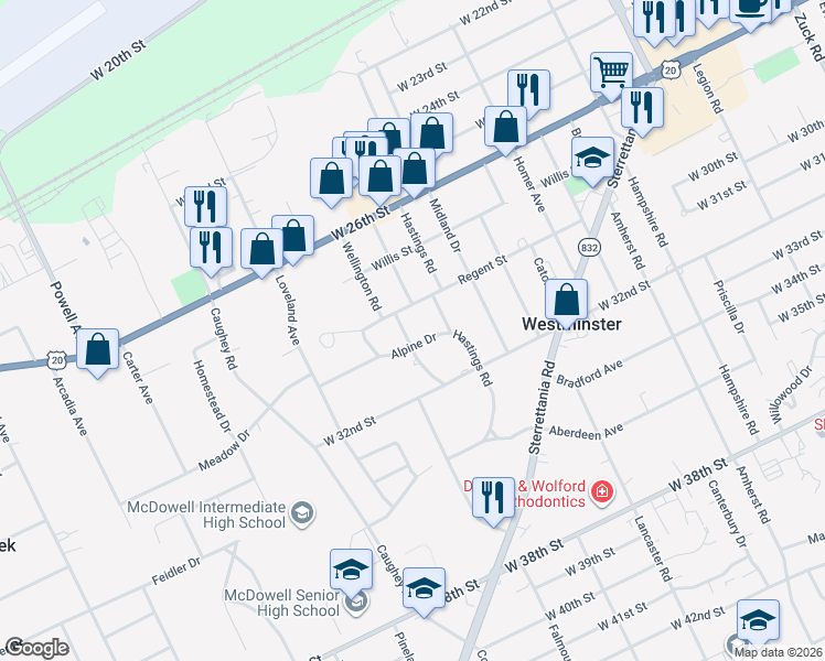 map of restaurants, bars, coffee shops, grocery stores, and more near 2920 Hastings Rd in Erie