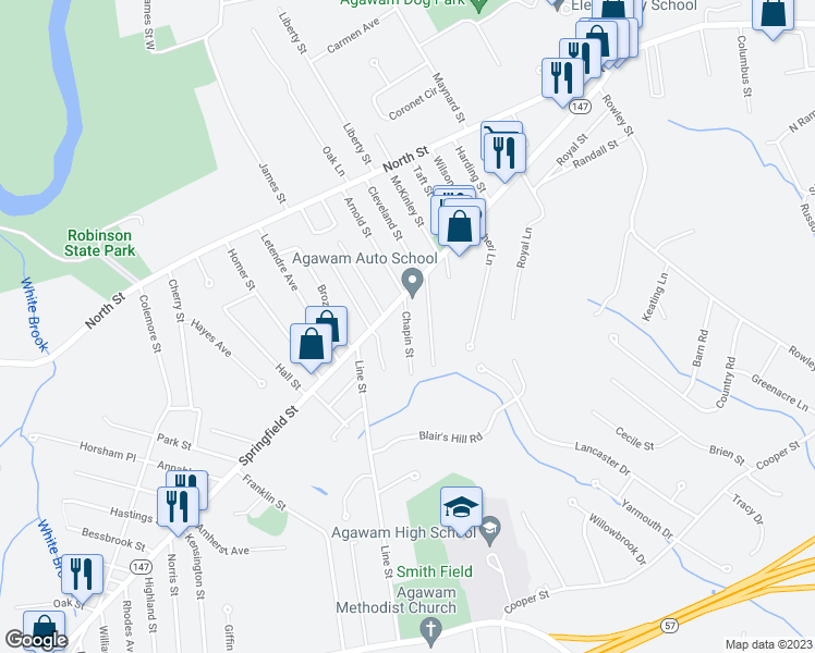 map of restaurants, bars, coffee shops, grocery stores, and more near 31 Chapin Street in Agawam