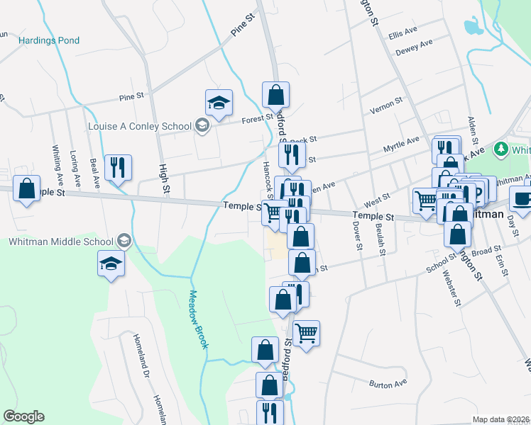 map of restaurants, bars, coffee shops, grocery stores, and more near 306 Temple Street in Whitman