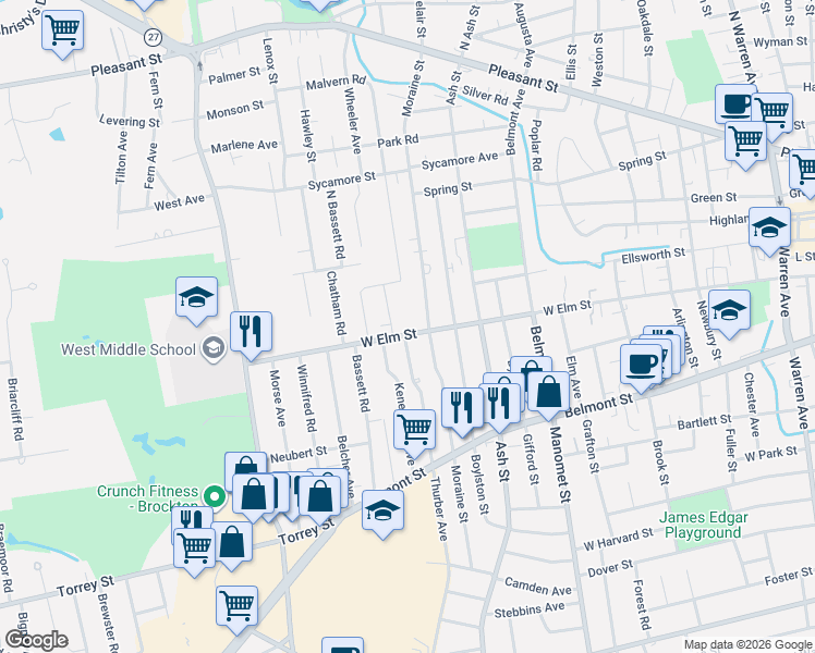 map of restaurants, bars, coffee shops, grocery stores, and more near 14 Auna Drive in Brockton