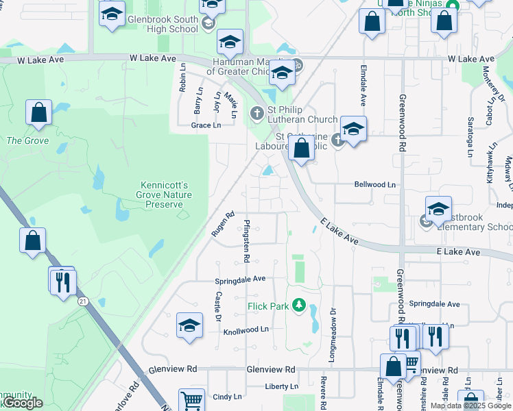 map of restaurants, bars, coffee shops, grocery stores, and more near 1405 Estate Lane in Glenview