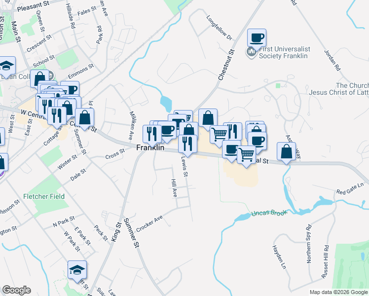 map of restaurants, bars, coffee shops, grocery stores, and more near 247 East Central Street in Franklin