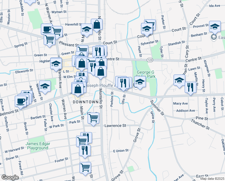 map of restaurants, bars, coffee shops, grocery stores, and more near 121 Crescent Street in Brockton