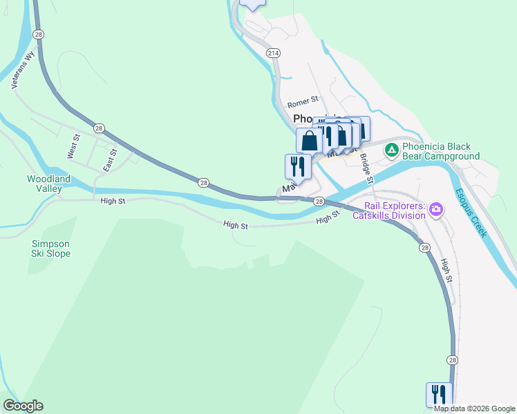 map of restaurants, bars, coffee shops, grocery stores, and more near 5879 New York 28 in Phoenicia