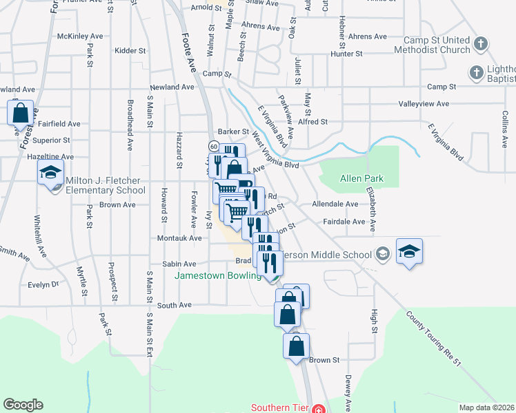 map of restaurants, bars, coffee shops, grocery stores, and more near 164 Linwood Avenue in Jamestown