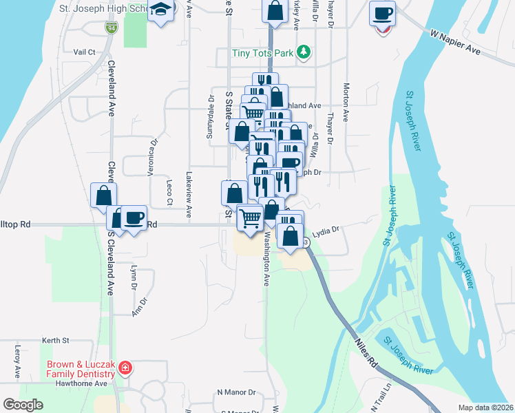 map of restaurants, bars, coffee shops, grocery stores, and more near 2051 Washington Avenue in St. Joseph