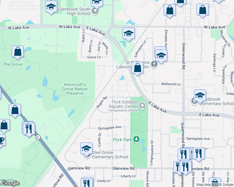 map of restaurants, bars, coffee shops, grocery stores, and more near 1405 Estate Lane in Glenview