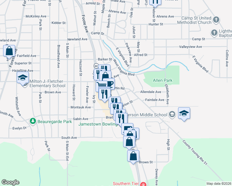 map of restaurants, bars, coffee shops, grocery stores, and more near 164 Linwood Avenue in Jamestown