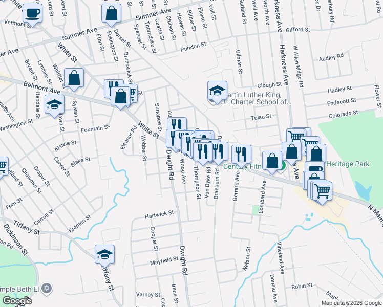map of restaurants, bars, coffee shops, grocery stores, and more near 655 North Main Street in East Longmeadow