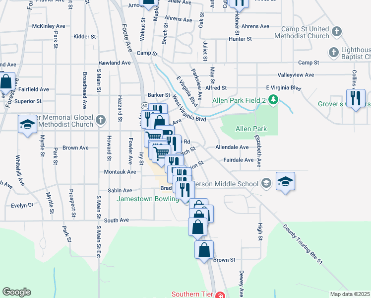 map of restaurants, bars, coffee shops, grocery stores, and more near 50 Elam Avenue in Jamestown