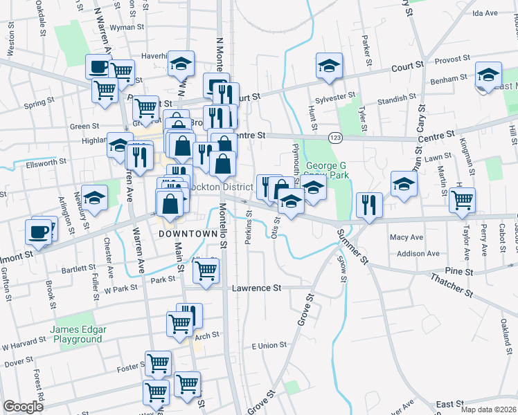 map of restaurants, bars, coffee shops, grocery stores, and more near 163 Crescent Street in Brockton