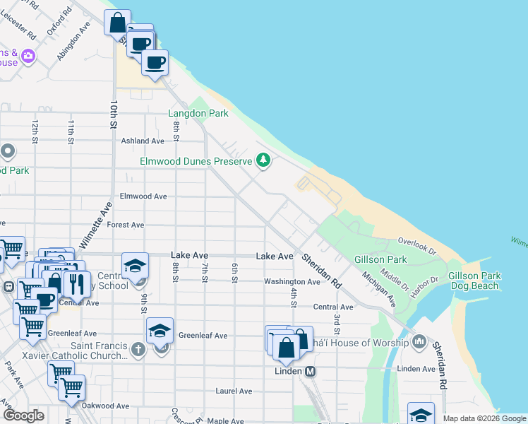 map of restaurants, bars, coffee shops, grocery stores, and more near 414 Forest Avenue in Wilmette