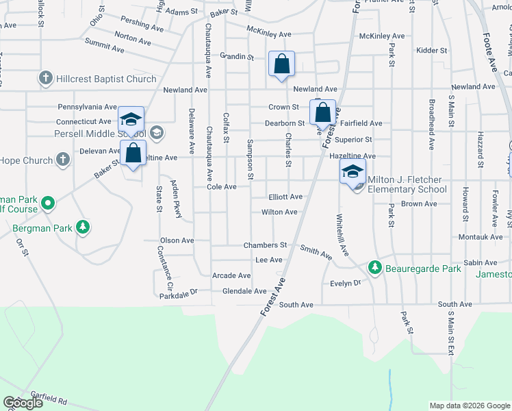 map of restaurants, bars, coffee shops, grocery stores, and more near 55 Elliott Avenue in Jamestown