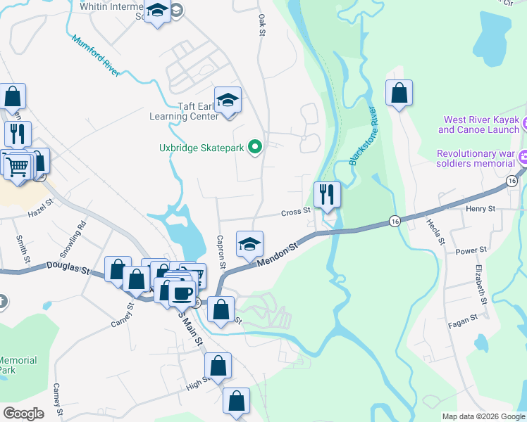 map of restaurants, bars, coffee shops, grocery stores, and more near 49 Cross Street in Uxbridge
