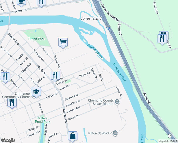 map of restaurants, bars, coffee shops, grocery stores, and more near 534 Luce Street in Elmira