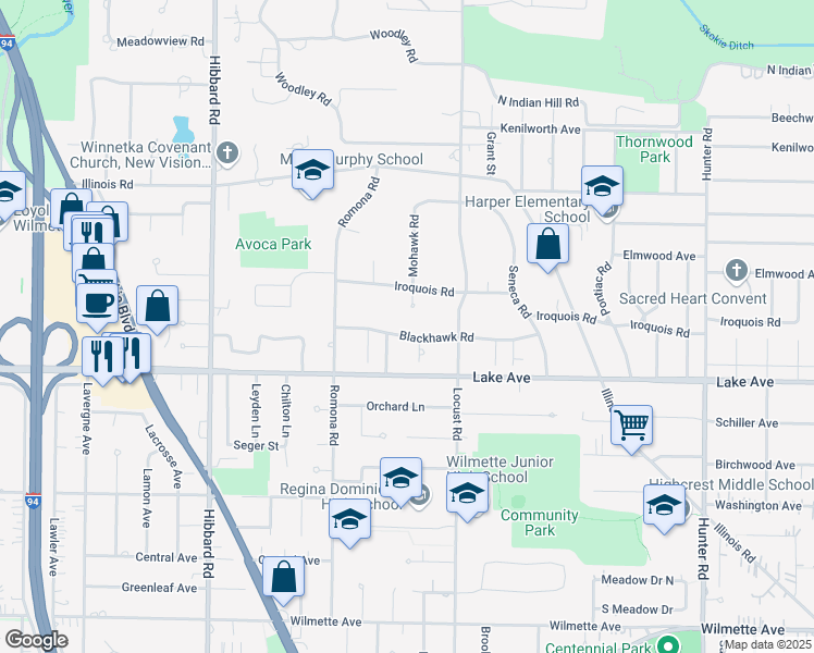 map of restaurants, bars, coffee shops, grocery stores, and more near 2740 Blackhawk Road in Wilmette
