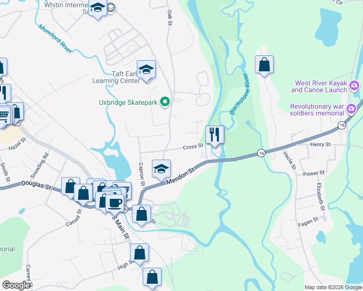 map of restaurants, bars, coffee shops, grocery stores, and more near 49 Cross Street in Uxbridge