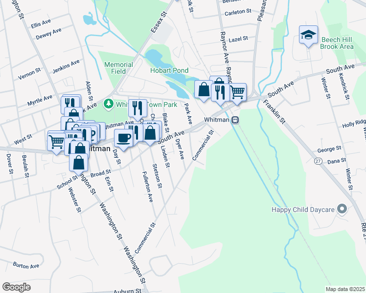 map of restaurants, bars, coffee shops, grocery stores, and more near 27 Crescent Street in Whitman