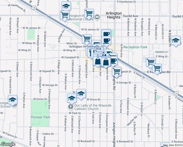 map of restaurants, bars, coffee shops, grocery stores, and more near 105 South Vail Avenue in Arlington Heights